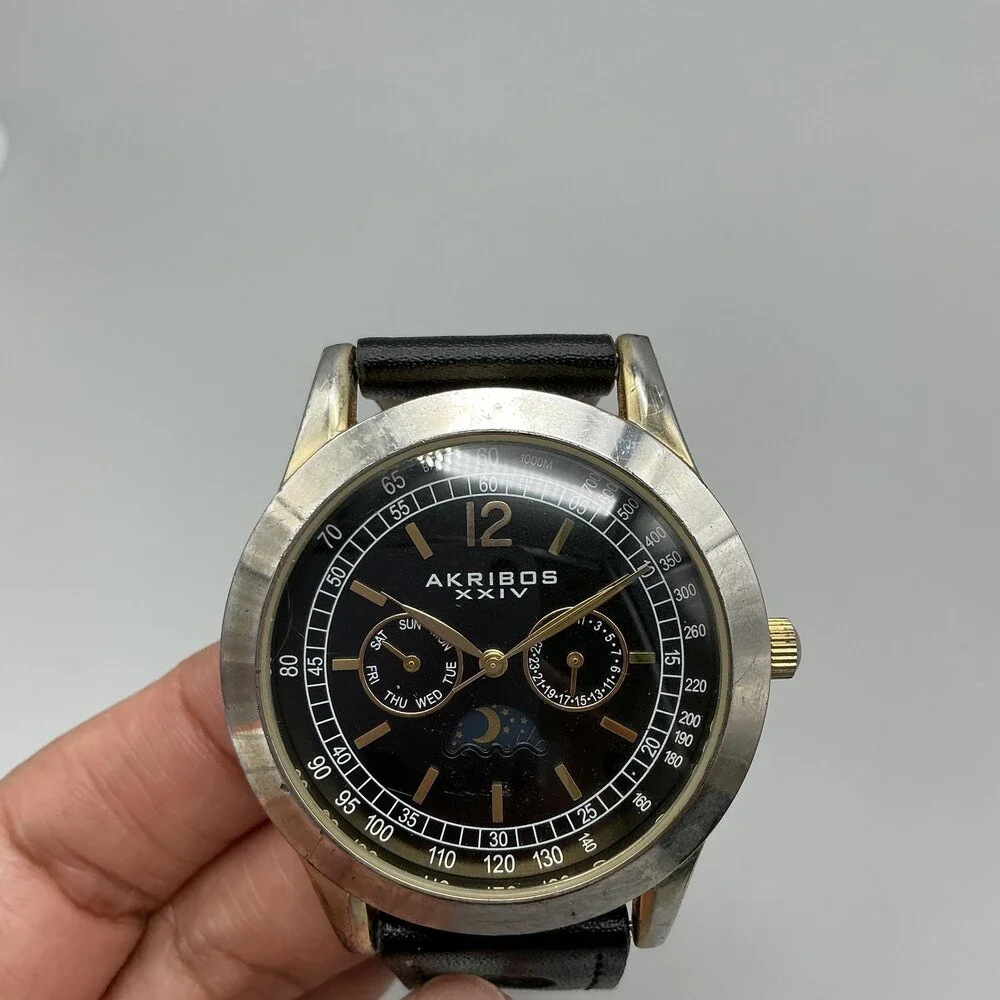 Akribos XXIV AK666XYGB Mens Watch 43mm Moon Phase Leather New Battery